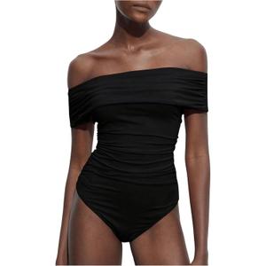 MakeMeChic Women's Off The Shoulder Bodysuit Ruched Going Out Body Suit Tops Skinny Sexy Leotard Top, Small