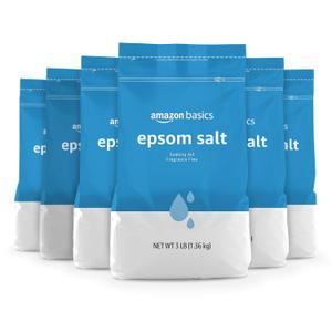 Amazon Basics Epsom Salt Soak, Fragrance Free, Magnesium Sulfate USP for Relaxation and Soothing Foot Soaking, 3 Pound Resealable Bags, 6-Pack