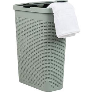 Mind Reader Slim Laundry Hamper with Lid, 40L Clothes Basket, Narrow Tapered Design with Ventilated Cutout Pattern, Plastic, Mint, Single