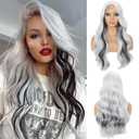 Long Black and White Wavy Wig for Women Lace Front Wig Natural Wave Synthetic Wig for Cosplay Party Use