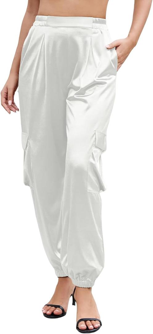 ZAFUL Womens Satin Joggers 2025 Boho Chic Cargo Jogger Pants High Waisted Stretch Silk Ankle Pants Slack Trousers (Medium, White)