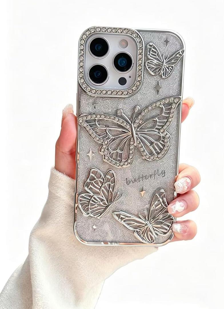 for iPhone 15 Pro Max, Cute 3D Butterfly Glitter Case 6.7" Plated Slim Protective Cover with Camera Protection, Drop-Resistant Bumper for Women & Girls (Silver)
