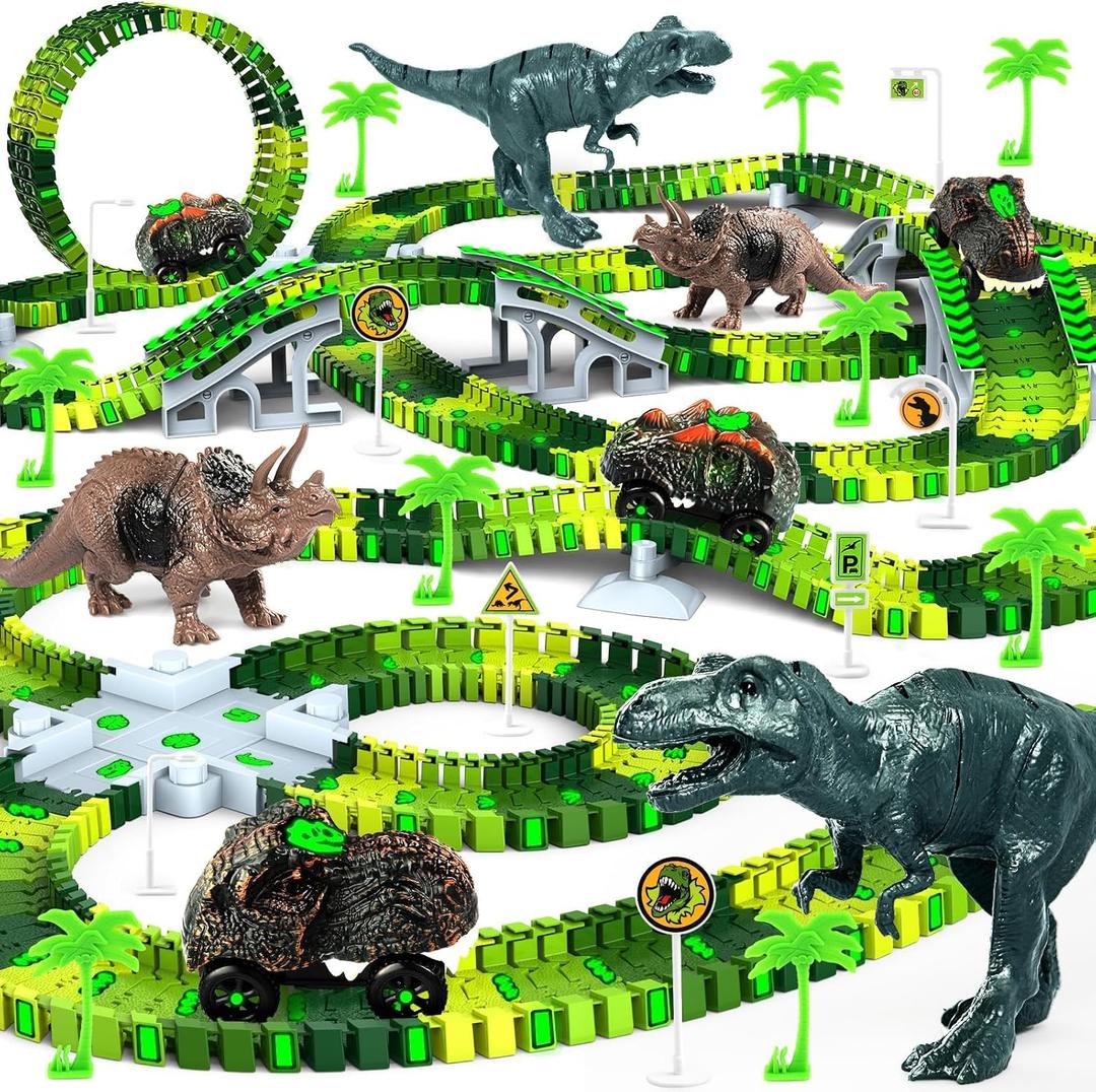 Dinosaur Toys for Kids 3-5, Glow in The Dark Flexible Train Track Playset, 2 Dinosaur Car for 3 4 5 6 7 Year & Up Old Boys & Girls Best Gift