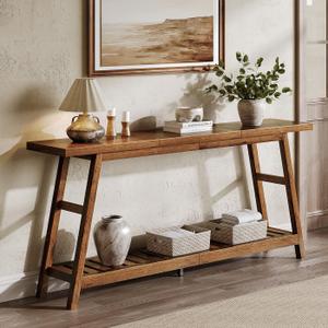ChooChoo 70.9 Inch Long Console Tables for Entryway, Wood 2-Tier Entry Hallway Table, Narrow Sofa Table Behind Couch Table for Living Room, Entrance, Walnut, 70.9 inches x 11.8 inches x 31.5 inches