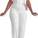 HBQ Women's Summer 2 Piece Outfits Casual Tracksuit Short Sleeve Button Down Crop Top Wide Leg Long Pant Lounge Sets (White, M)
