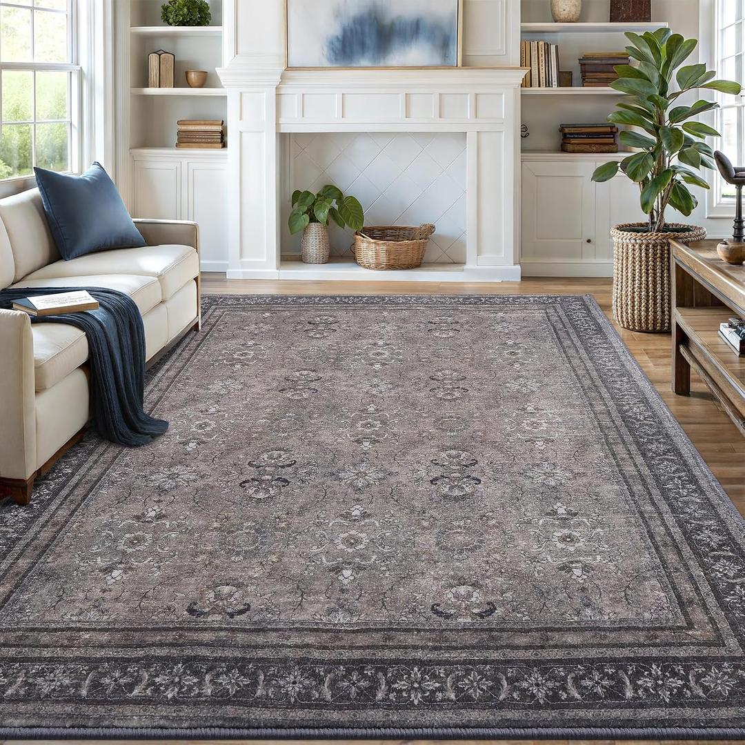 6x9 Area Rugs for Living Room, Bedroom - Machine Washable, Non-Slip Bedside Rug, Large Soft Floor Carpet for Office, Dining Room, Farmhouse and Home Decor, Urban Luxe/Olive Brown