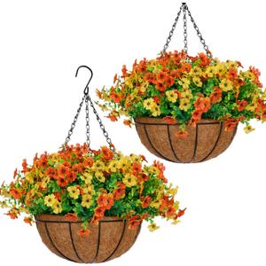 2 Set 14 Inch large Artificial Fall Hanging Baskets With 36 Pcs faux Mums Flowers for Outdoor , Lifelike Silk Floral Arrangement for Porch Garden Balcony and Home Patio Yard Fall Decor (Orange Yellow)