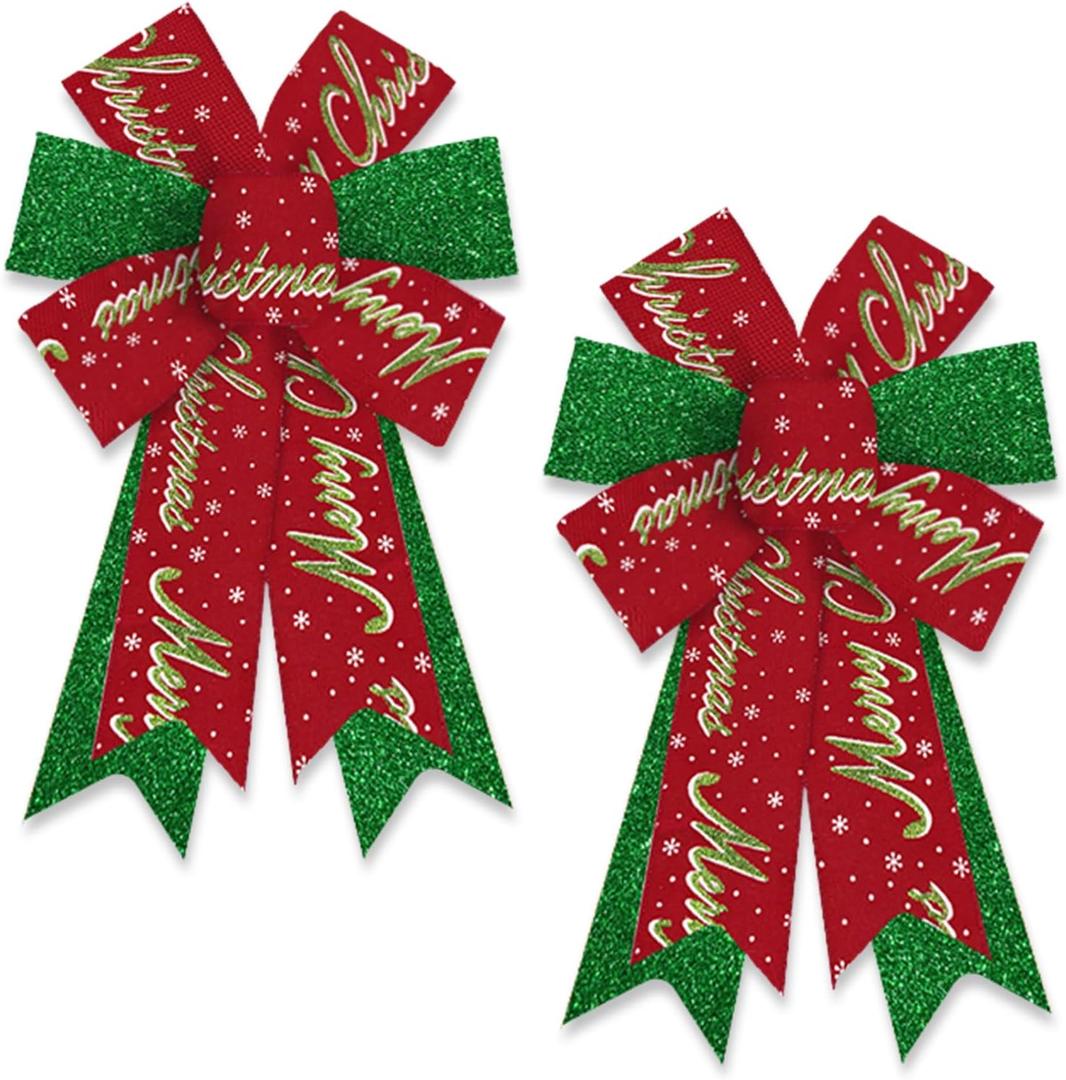 2 Pack Christmas Wreath Bows Christmas Decor Bows Glitter Green Red Words Ribbon Bows for Wreath, Xmas Tree Topper Bows for New Year Party Decoration Home Indoor Outdoor Wreath Ornament Supplies