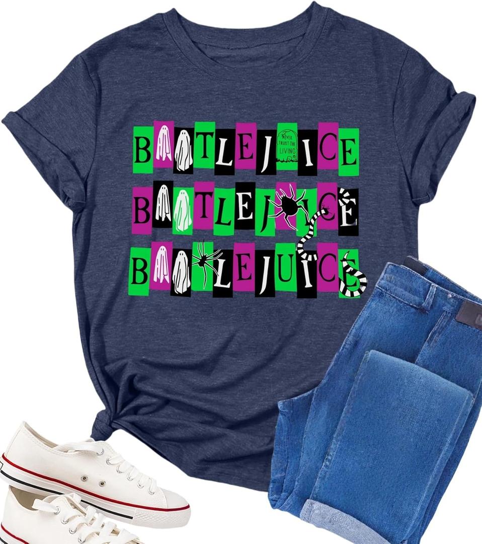 Halloween Shirts for Women Spooky T Shirts Funny Halloween Graphic Tees Party Gifts Casual Loose Short Sleeve (Blue, XXL)