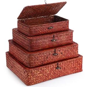 Didaey Set of 4 Seagrass Basket with Lid Wicker Storage Basket Decorative Storage Boxes with Lids Flat Storage Bins Woven Organizer Baskets for Shelf Closet Bedroom, 4 Sizes (Retro Red)