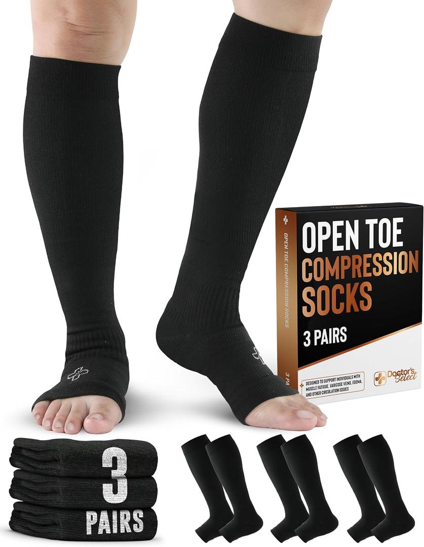 Doctor's Select 3 Pairs Copper Toeless Compression Socks Women & Men - 20-30 mmHg Open Toe Compression Socks Knee High Women, XXL