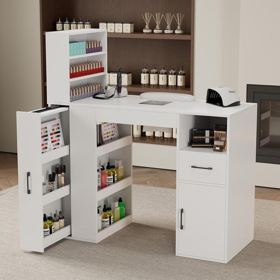 Professional Nail Desk for Nail Tech with Storage Cabinet and Fan – Modern Nail Table for Salon, Nail Tech Table with Drawer, Armrest & Dust Collector,Manicure Table Nail Desk