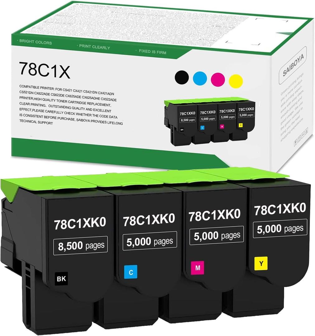 High Yield 78C1X 78C1XK0 78C1XC0 78C1XM0 78C1XY0 Toner Cartridge Replacement for Lexmark CS421 CX421 CS421dn CX421adn CS521dn CX622ade CS622de CX625ade CX625adhe CX522ade Printer
