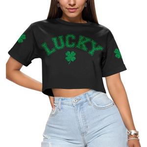 Women's St Patricks Day Irish Lucky Clover Crewneck Crop Top Short Sleeve Funny Holiday Novelty Shirt L (L)