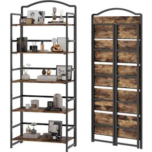 JSB No Assembly Folding Bookshelf, 5 Tier Book Shelf for Storage, Vintage Wood Foldable Bookcase for Living Room, Bedroom, Office Organization Shelves (Fire Brown)