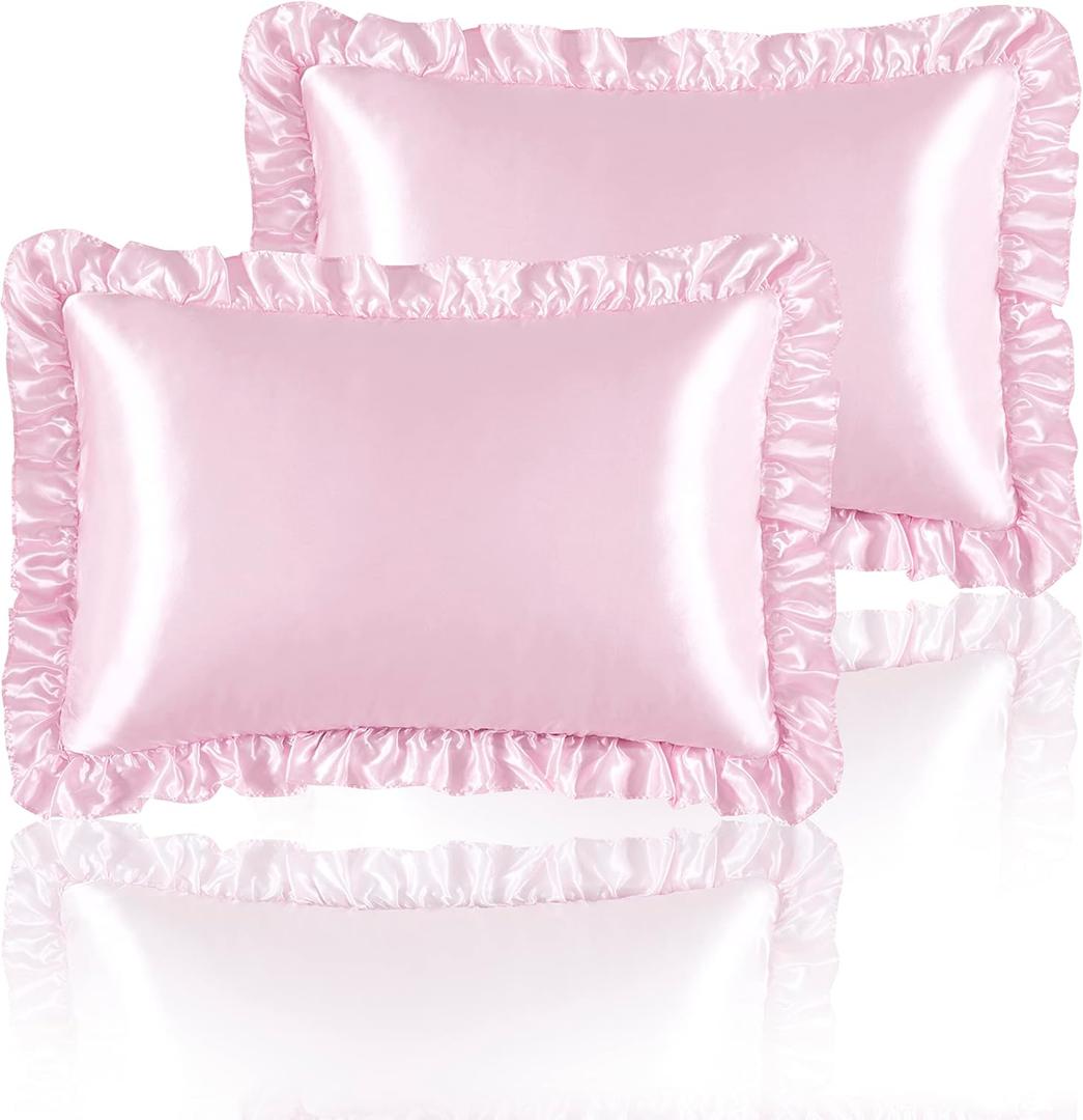 Silky Satin Ruffled Pillow Cases for Hair and Skin,Pink Silk Pillowcases Standard Set of 2 with Envelope Closure Princess Room Decoration