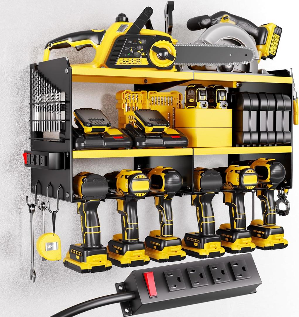 Large Power Tool Organizer Wall Mount with Charging Station, 3 Layer Heavy Duty Metal Tool Storage Rack Loads 420lbs with 6 Cordless Drill Holder, Utility Rack Loads with 4 Power Strip (Yellow)
