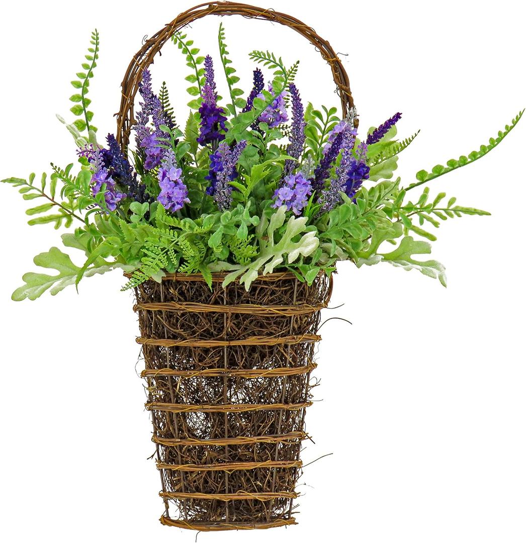 National Tree Company Artificial Hanging Wall Basket, Wicker Base, Decorated with Astilbe Flowers, Ferns, Leafy Greens, Spring Collection, 20 Inches