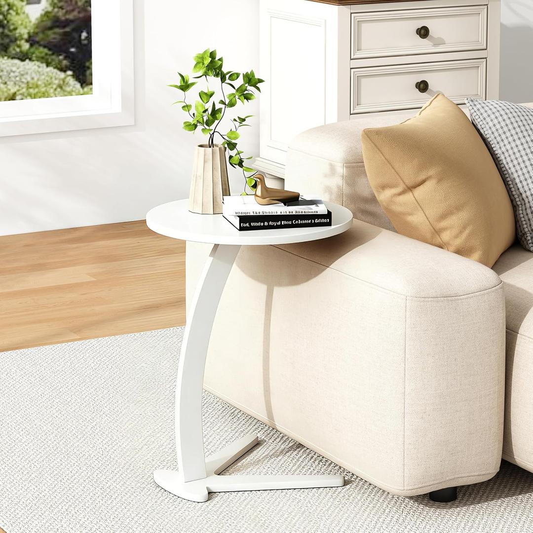 C Shaped End Table, Small Round Side Table for Couch, Slide Under Sofa Tray Desk for Living Room Bedroom, Solid Wood TV Tray Table for Narrow Space (15 White), Medium-15"