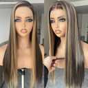 BLL Highlight Lace Front Wig, 13x4 Honey Blonde Synthetic Pre-Plucked Long Straight Glueless Hd Lace Wigs 26Inch 4/30 Brown Blonde Highlights Honey Brown Wig Suitable For Everyday Wear