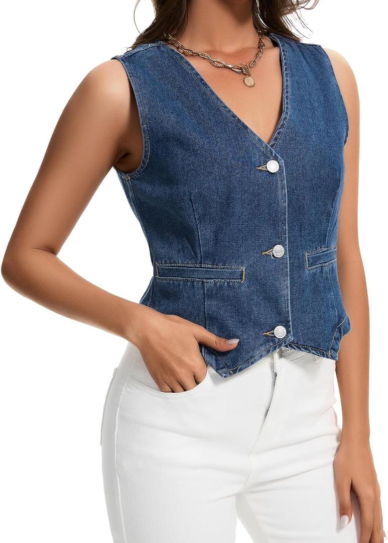 Womens Denim Vest Sleeveless V Neck Button Down Jean Jacket Y2K Summer Crop Tops (Medium, Blue)