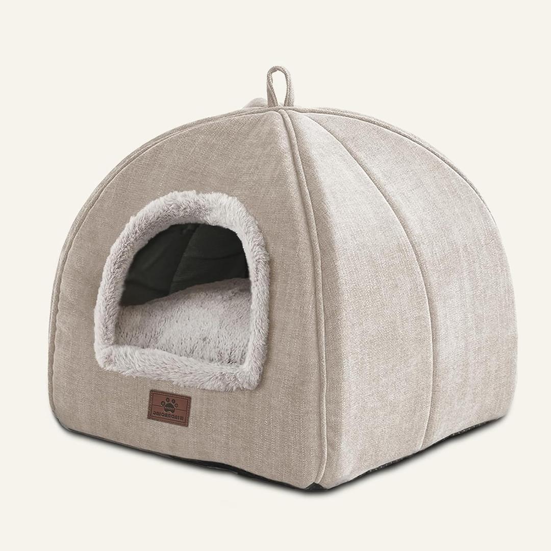 WINDRACING Cat Bed for Indoor Cats - Cat House Cats Tent with Removable Washable Cushioned Pillow, Soft and Self Kitten beds,for Small and Medium Pet Bed, Beige