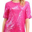 Womens Sequin Mini Dress Super Star Glitter Costume Sparkly T-shirt Concert Tour Disco Party Halloween Outfit Rose 2XL