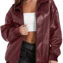 Women's Leather Jacket Oversized Faux Leather Bomber Jacket Fall Fashion 2025 Trendy Moto Winter Coat with Pocket (Wine Red) S