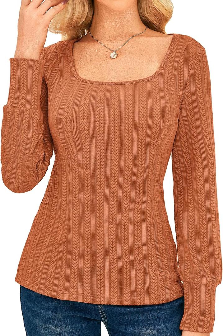 GRACE KARIN Womens Fall Long Sleeve Trendy Tops 2025 Square Neck Ribbed Casual Shirts Cozy Basic Sweater (Small, Orange)