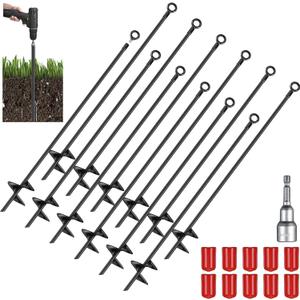 Lasnten 12 Pcs 30 Inch Heavy Duty Ground Anchor Spiral Blade Earth Anchor Kit Metal Anchor Hook Beach Sand Stakes Camping for Securing Animals, Shelters, Tents, Canopies (Black)
