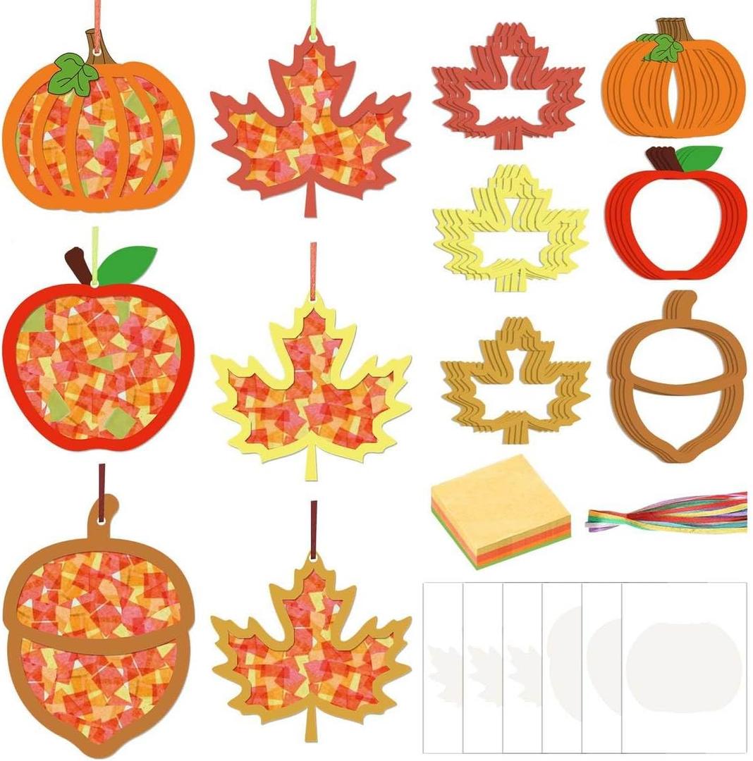 Zliisang 24PCS Make You Own Fall Crafts Kit Bulk Maple Leaves Pumpkin Apple Acorn Paper Suncatchers DIY Kit for Autumn Thanksgiving Activities Decorations Window Stained Glass Effect Art Supplies