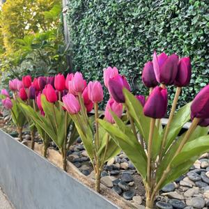 Artificial Fake Flowers for Spring Summer Outdoor Decoration,6 Bundles Realistic UV Resistant Silk Fabric Colorful Tulip Faux Plants for Outside Planter Home Porch Patio Decor(Pink Purple)