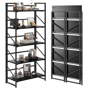 JSB No Assembly Folding Bookshelf, 5 Tier Industrial Metal Book Shelf for Storage, Vintage Wood Foldable Bookcase for Living Room, Bedroom, Office Organization Shelves (Black) JSB No Assembly Folding Bookshelf, 5 Tier Industrial Metal Book Shelf for Storage, Vintage Wood Foldable Bookcase for Living Room, Bedroom, Office Organization Shelves (Black)