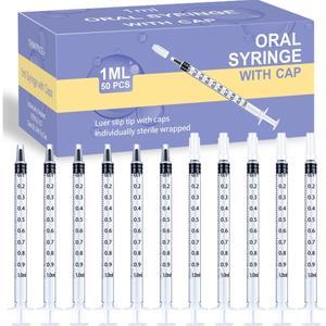 50 Pcs 1ml Syringes with Caps Oral Dispenser Individually Sterile Warpped for Medicine Dropper, Colostrum Collect Feeding Pets, Liquid