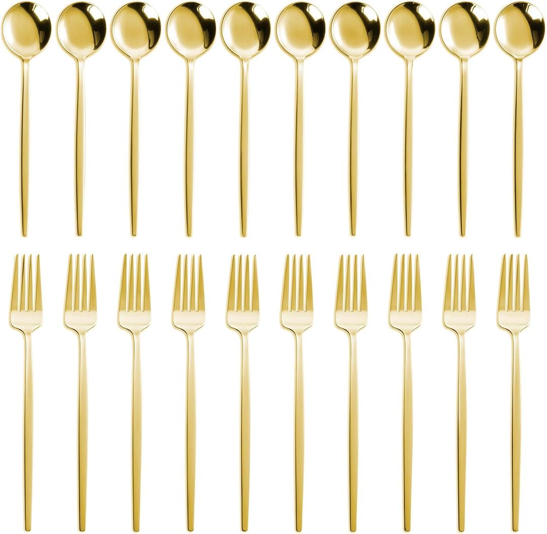 NOCCUR 20-Piece Stainless Steel Gold Spoons and Forks Silverware Set for 10 - Gold Forks and Spoons Utensils Set - Mirror Polished for Home&Party