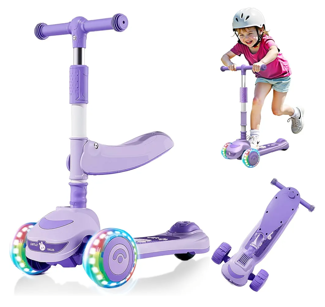 2-in-1 Foldable Kick Scooter for Kids Ages 3-8 with Seat,Adjustable Height, 3 LED Light Wheels, Outdoor Activities for Toddlers Boys Girls