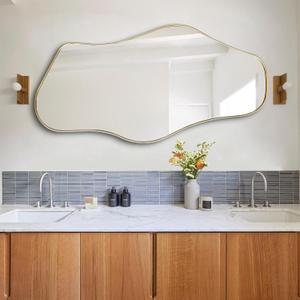 Irregular Wall Mirror, 47"x25" Asymmetrical Aesthetic Mirror with Metal Frame, Modern Organic Shaped Mirrors for Living Room Bedroom Hallway Entryway, Horizontal or Vertical Hanging
