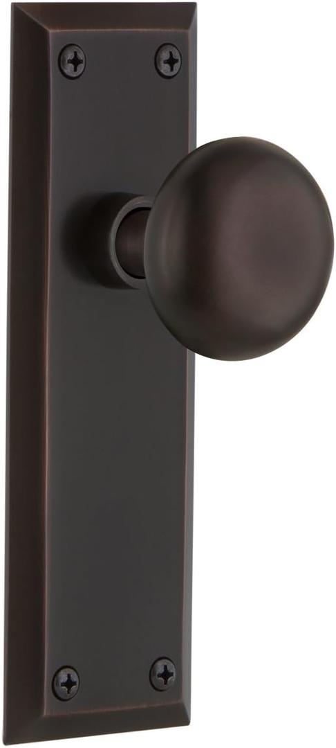 Nostalgic Warehouse New York Door Knob With Plate (PRIVACY-Backset Size:2.375 in, Timeless Bronze)