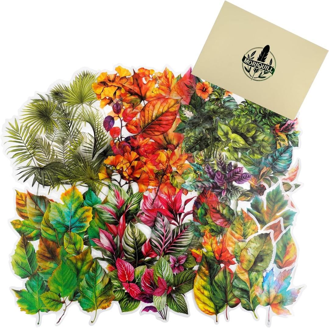 90PCS Leaf PET Stickers Botanical Designs from Tropical Green to Autumn Maple, Waterproof Die-Cut Peel and Stick for Scrapbook Journal Collage Planner