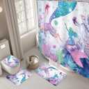 Riyidecor Mermaid 4Pcs Bathroom Shower Curtain Sets Cute Girls Kids Ocean Bathroom Decor Set with Rugs and Accessories Green Purple Fish Coral Toilet Lid Rug, Contour and Bath Mat with 12 Hooks