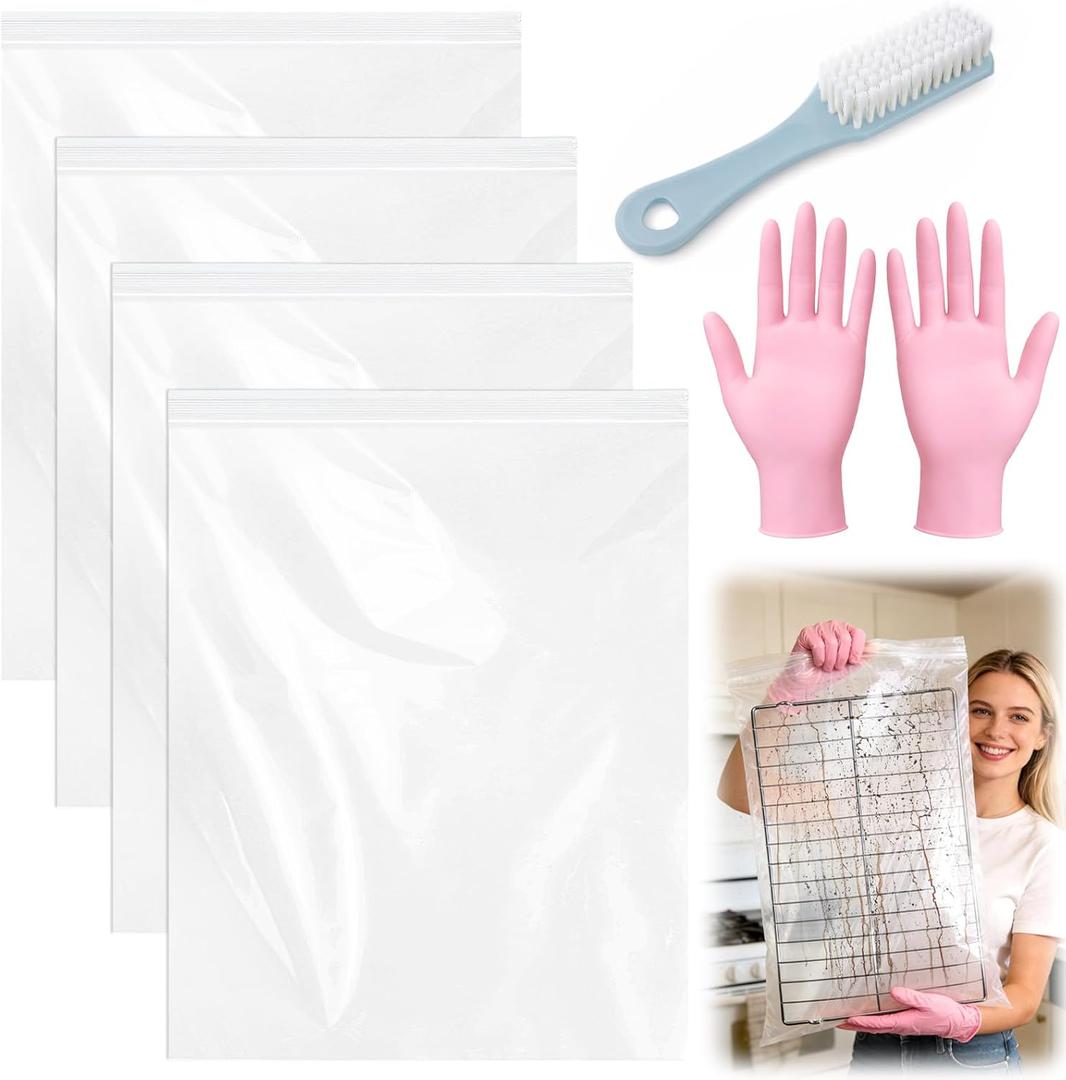 Juome Oven Rack Cleaning Bags, 4 Pack Reusable No Scrub Oven Rack Cleaning Bags Kit with 6 Gloves & 1 Brush, Leak Proof PE Cleaner Bags (19.7 * 27.5 inch) for Deep Soaking BBQ Racks, Grill Grates