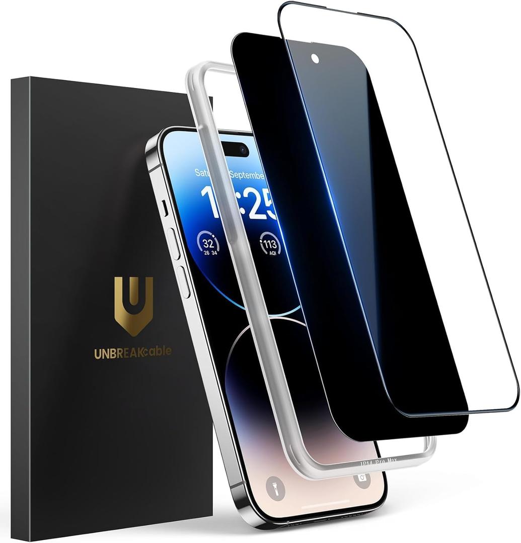 UNBREAKcable 2PCS Screen Protector for iPhone 14 Pro Max - 1 Privacy Tempered Glass+1 Clear Glass Double Shatterproof [Installation Frame] [9H Hardness] [Case Friendly] Anti-Scratch iPhone 6.7 inch
