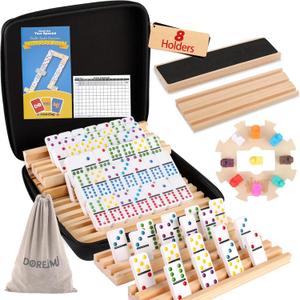 Upgraded Mexican Train Dominoes Set With 8 Wooden Holders, Double 12 Dominos Set For Kids, Adults Travel Domino Train Set With 91 Tiles And Carry Case, Classic Board Games For Family Night