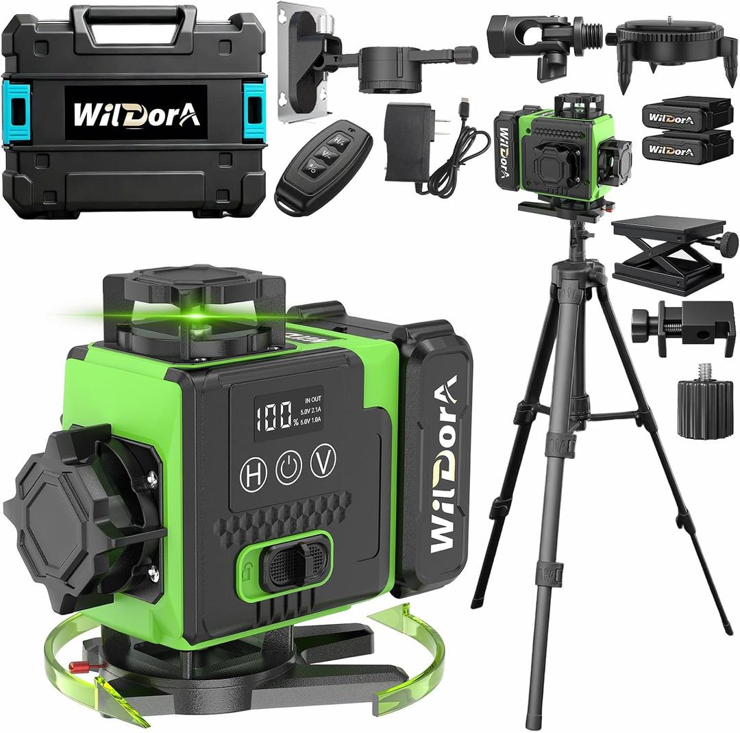 16 Line Laser Level, 4x360° Green Laser Leveler, ±4° Auto Self Leveling, 2x4800mAh 48H Runtime Batteries, Long Range Remote, Laser Level Kit with Tripod and Hard Case for DIY & Renovation