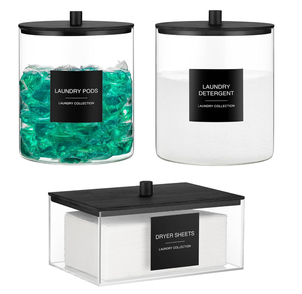 Glass Jars and Acrylic Dryer Sheet Holder, Laundry Pods Container with Bamboo Lid and 27 Labels, Powder Detergent Containers for Laundry Room Organization, Storage Jars Set (3 Pack)
