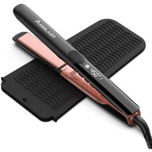 Annlary Hair Straightener, 1 Inch Flat Iron Hair Straightener and Curler 2 in 1, Professional Ceramic Ionic Dual Voltage Flat Iron with Anti-Iron Silicone for Less Frizz, Shinier & Smoother Hair (Matte Black)