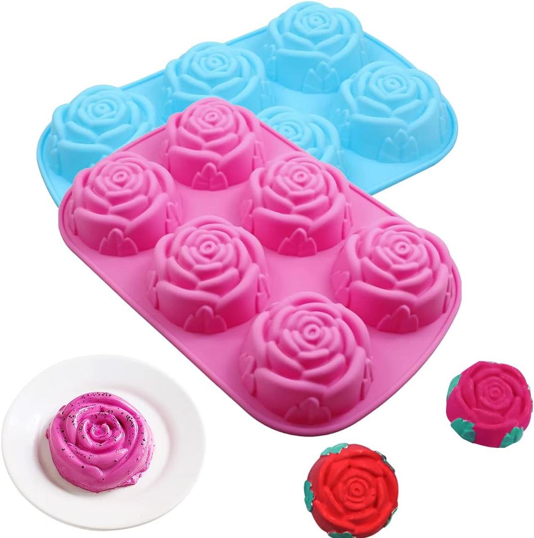 2 Pack Silicone Rose Mold for Handmade Soap Large Rose Flower Soap Mold Cake Chocolate Mould Pudding Tray for Candy Muffine Jelly Soap Cake Ice Cube Baking ToolsPink/Blue
