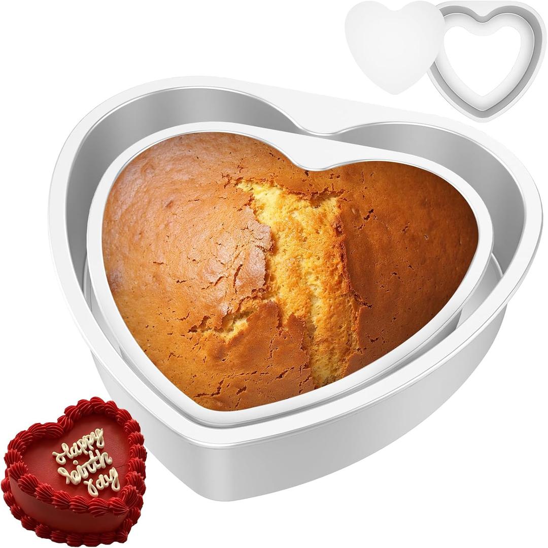2Pcs Heart Shaped Cake Pan Set 8 & 6 Inch Aluminum Alloy Heart Cake Pan with Removable Bottom Cake Baking Pans for Brownies Cakes Cheesecake