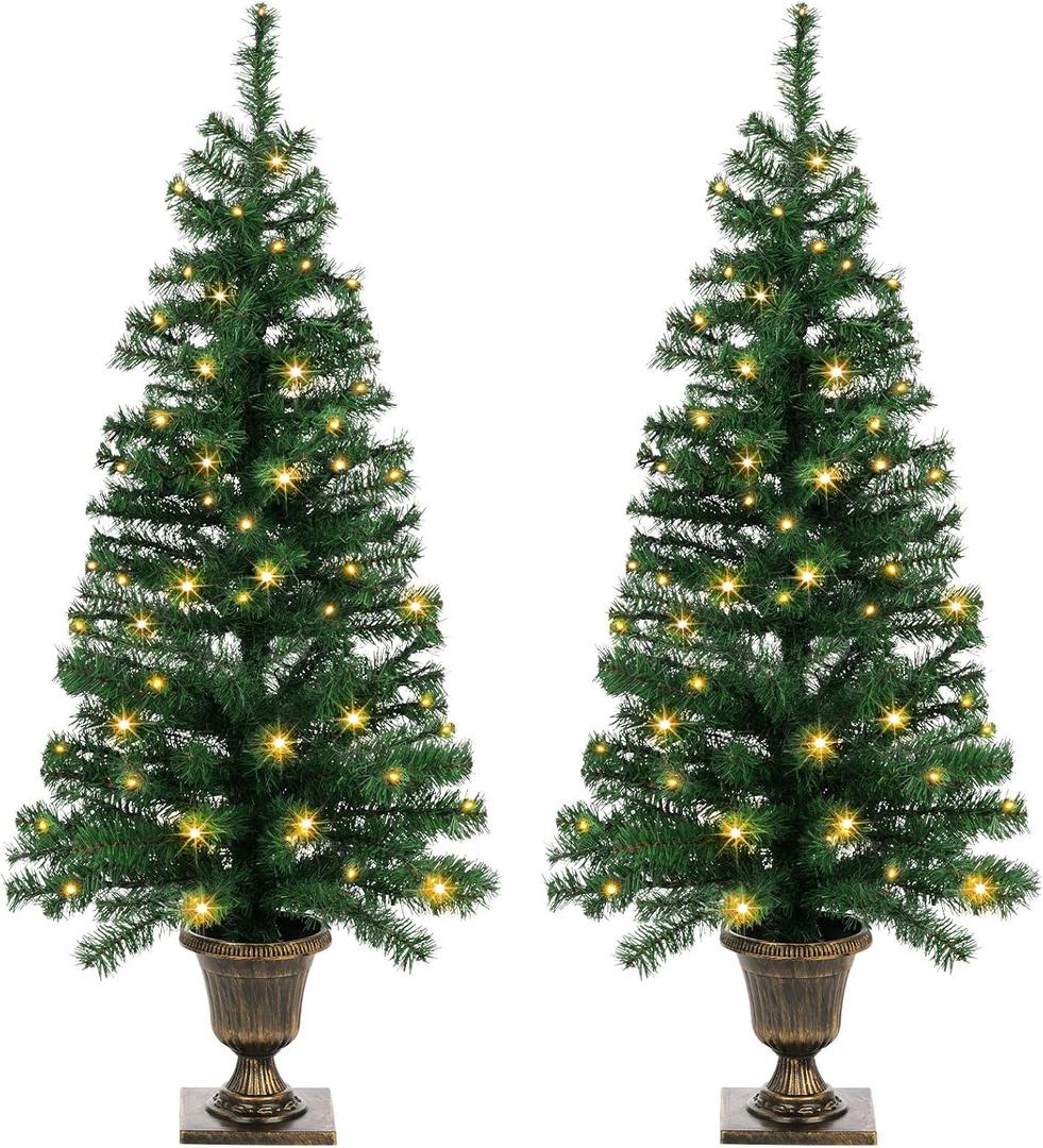 4FT Prelit Christmas Tree 2-Pack Artificial Potted Christmas Tree with 100 Warm White LEDs Battery Powered & 8 Lighting Modes for Xmas Porch Entrance Decorations