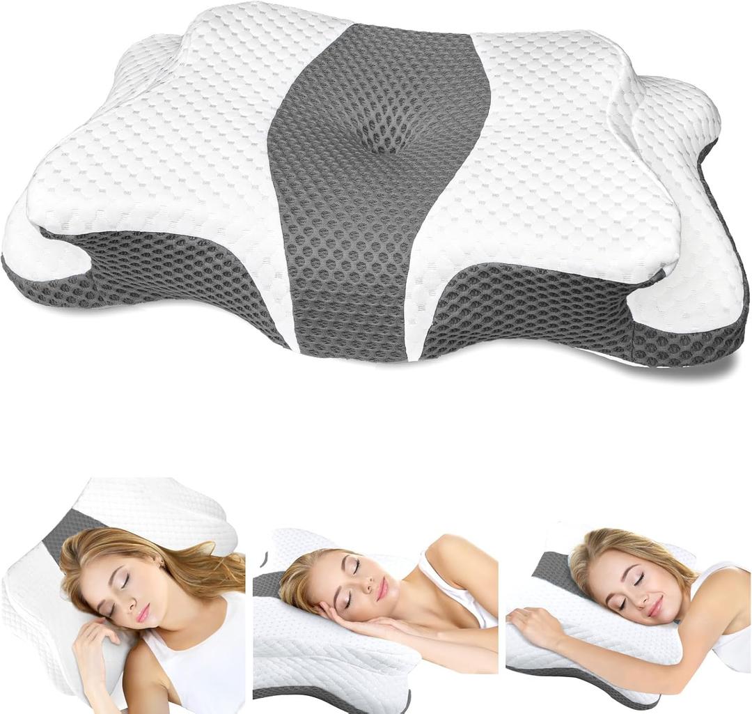 CHxxy Memory Foam Pillows, Cervical Pillow for Neck and Shoulder Pain Relief, Ergonomic Contour Bed Pillow, Soft for Side Sleep Stomach Sleeping and Back Sleeper-Queen Size&Grey